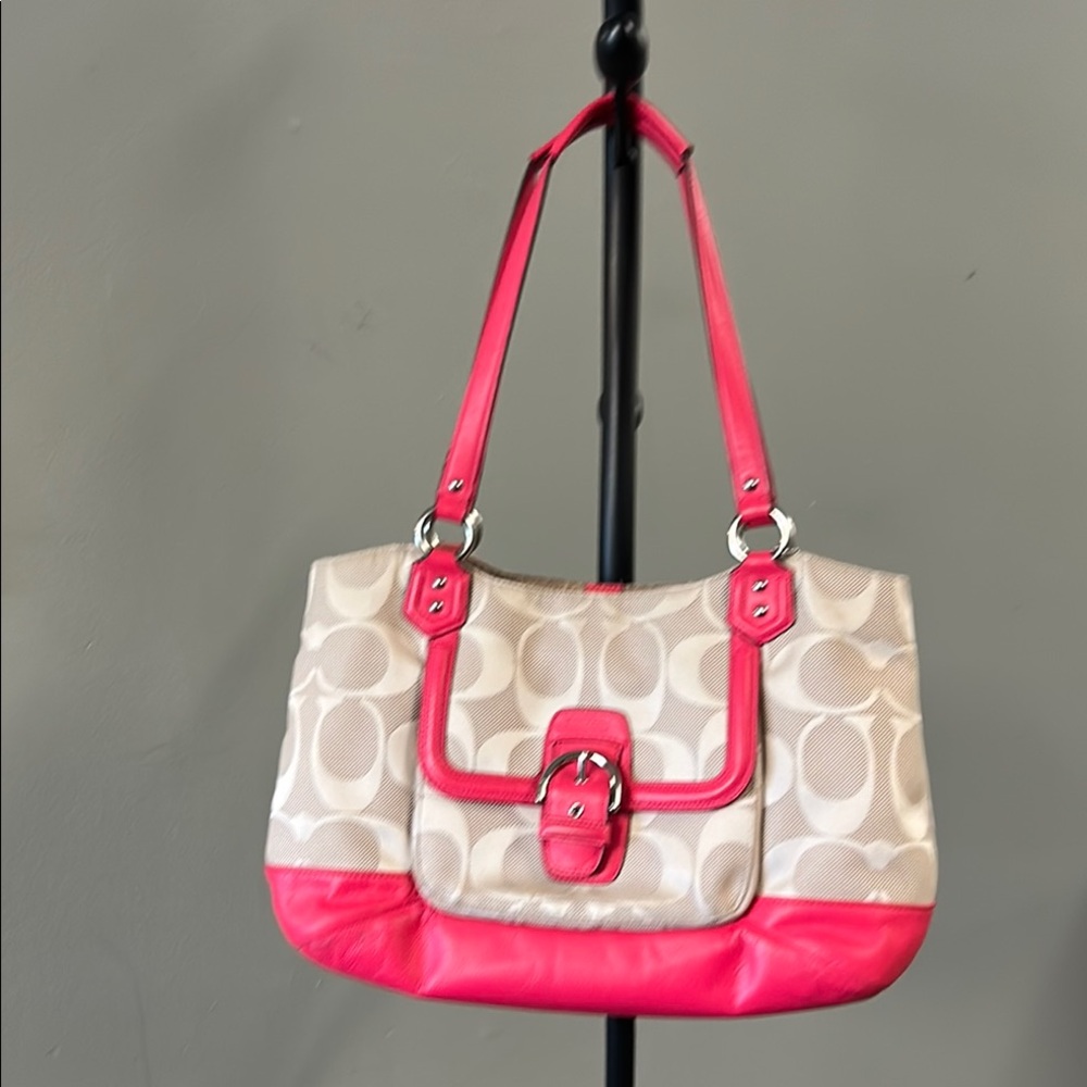 Coach Beige Signature Canvas Shoulder Bag with Pink Trim